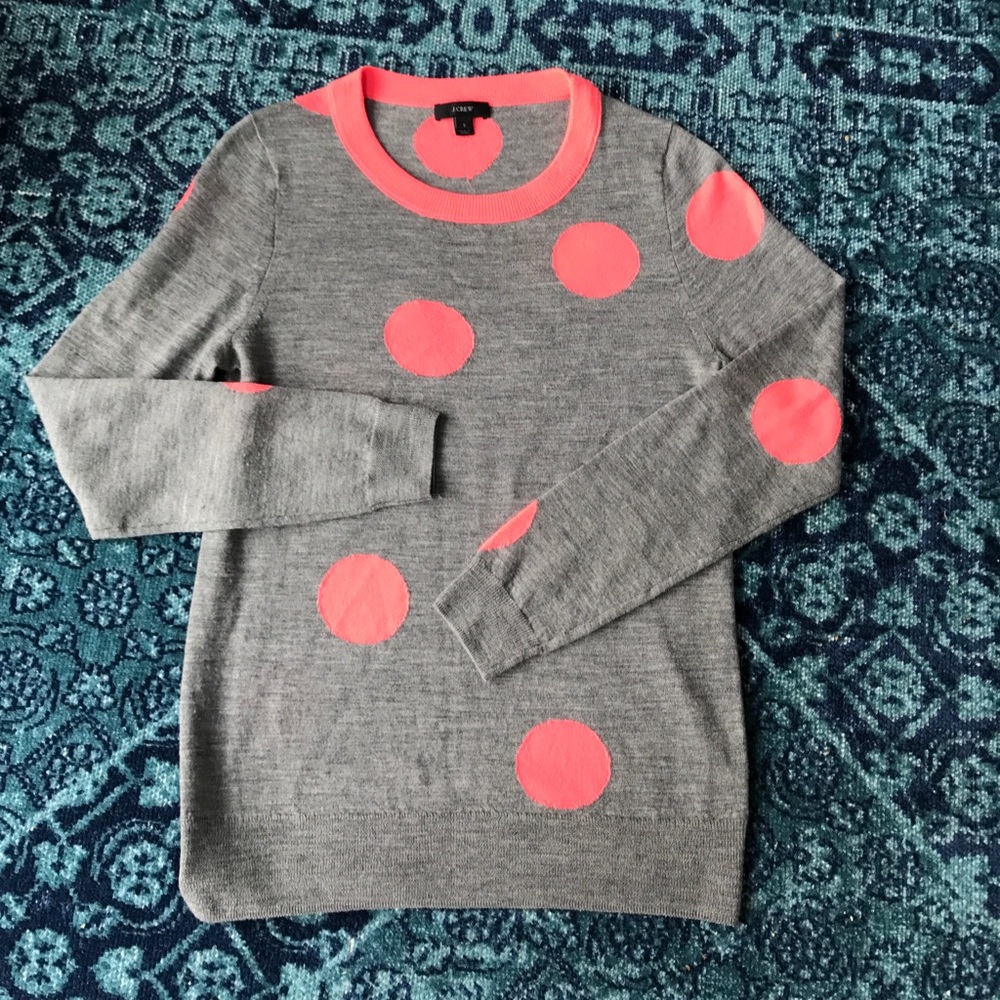 J. Crew crew neck Gray Sweater with Pink Polka Dot